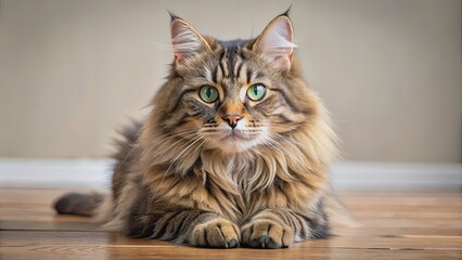 Fluffy long-haired tabby cat with green eyes lying on a wooden floor , tabby, cat, feline, pet, domestic, long hair, fluffy