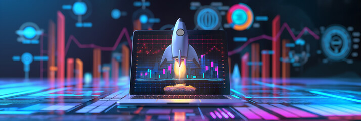 Aufkleber - Spacecraft leaving earth taking off from laptop screen showing growing financial charts