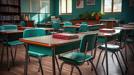 Canvas Print -  school classroom with desks chairs books blackboard and school supplies Concept of back to school