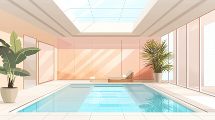 An indoor swimming pool with large windows and a skylight. The pool is surrounded by white tile and there are two potted plants in the room, flat style design illustration