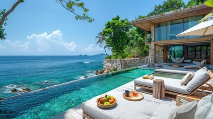 Wall Mural - a luxurious seaside villa with an infinity pool overlooking the ocean, surrounded by tropical greene