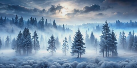 Wall Mural - Mystical winter forest covered in dense fog , fog, winter, forest, trees, cold, eerie, mystical, gloomy, frost, nature, woods