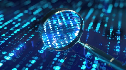 Data analysis concept with magnifying glass, digital data search, binary code investigation, information technology, cybersecurity research, virtual data inspection, digital forensic analysis