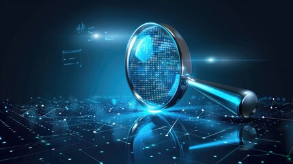 Data analysis concept with magnifying glass, digital data search, binary code investigation, information technology, cybersecurity research, virtual data inspection, digital forensic analysis