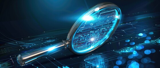 Data analysis concept with magnifying glass, digital data search, binary code investigation, information technology, cybersecurity research, virtual data inspection, digital forensic analysis