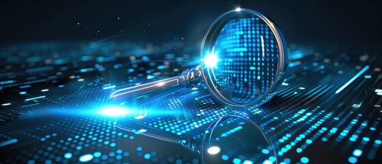 Data analysis concept with magnifying glass, digital data search, binary code investigation, information technology, cybersecurity research, virtual data inspection, digital forensic analysis