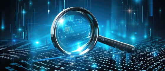 Data analysis concept with magnifying glass, digital data search, binary code investigation, information technology, cybersecurity research, virtual data inspection, digital forensic analysis