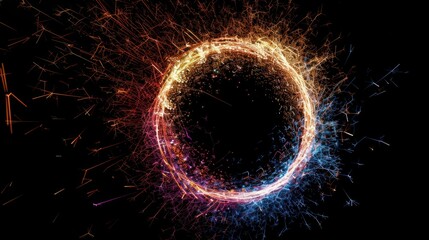 Wall Mural - Colorful sparks form a circle over black background.