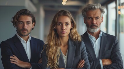 Wall Mural - Confident Business Trio Standing with Arms Crossed in Modern Office