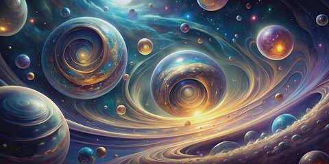 Wall Mural - abstract cosmic landscape with swirling spirals and floating bubbles, cosmic, abstract, landscape, s
