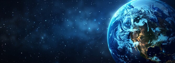 Planet Earth showing Globe North America in starry sky viewed from space. Digital global network technology  concept. Panoramic banner view. Generative AI