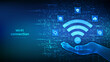 © iuriimotov - Wi-Fi network icon. Wi Fi sign made with binary code in hand. Wlan access, wireless hotspot signal. Mobile connection zone. Data transfer icons connections. Mobile transmission. Vector illustration.