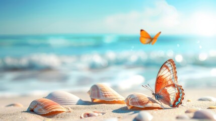 Wall Mural - Beach scenery with seashells and butterfly on sandy shore