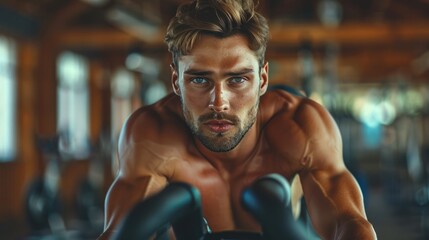 Wall Mural - Fit Man Cycling: Handsome Athlete Shirtless on Stationary Bike in Health Club