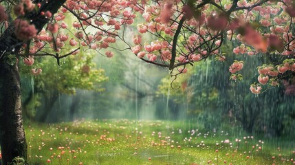 Poster - Spring Garden with Raindrops on Blooming Trees