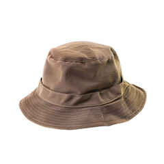 A tan hat with a brown band and a brown brim. The hat is made of leather and has a pattern on it. Isolated on PNGs transparent background