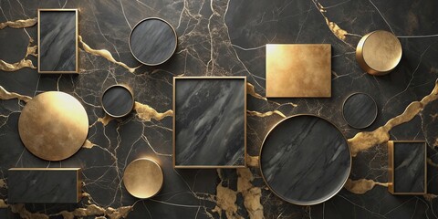 Wall Mural - Stone black gold marble circles and rectangles, exclusive and unique, stone, black, gold, marble, circles, rectangles