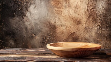 Sticker - Food presentation on wooden table with brown backdrop for menu or restaurant featuring empty plate and wood bowl