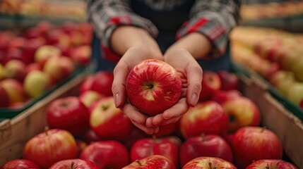 Wall Mural - Freshly Sorted Red Apples in Employee's Hands