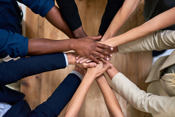 Aufkleber - Above, stack or business people with teamwork, hands or cooperation with commitment. Group, closeup or employees with community support, collaboration or diversity with solidarity and professional
