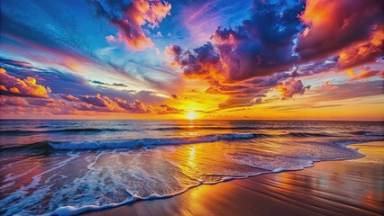 Wall Mural - vibrant sunset over the ocean at the beach, sunset, beach, ocean, horizon, tranquil, sky, serene, du