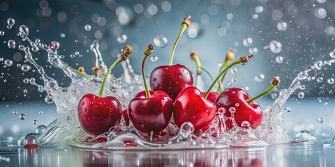 Wall Mural - Close-up of fresh cherries splashing into water with water droplets , cherries, fruit, healthy, food, fresh, organic, natural, red