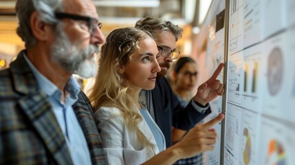 Wall Mural - Office Collaboration: Business Professionals Discussing Ideas and Pointing at Whiteboard