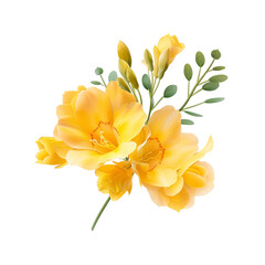 A bouquet of yellow flowers with green leaves. The flowers are arranged in a way that they look like they are blooming. Scene is cheerful and bright. Isolated on PNGs transparent background