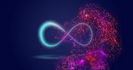 Wall Mural - image of glowing pink mesh moving over infinity sign on blue background