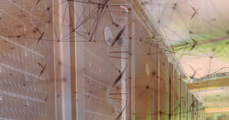 Wall Mural - Image of dna strands and data processing over computer servers