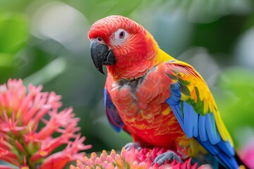 A vibrant Scarlet Macaw perches amidst a lush tropical backdrop, its plumage a dazzling of scarlet, yellow, and blue, conveying cuteness, brightness, and natural beauty.