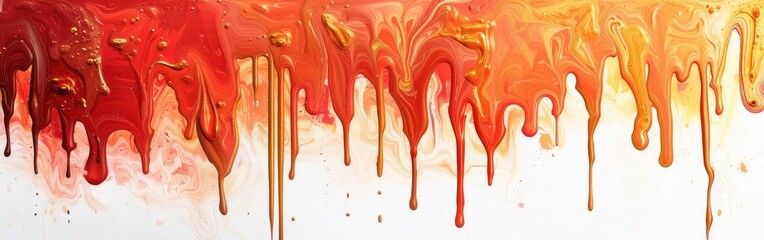 Wall Mural - Red and Gold Acrylic Paint Flowing over White Background - Colorful Abstract Liquid Texture in Digital Art