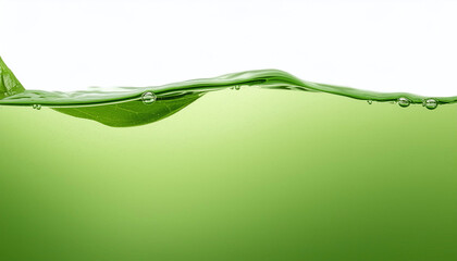 Wall Mural - Close-up of green water with bubbles and waves on a white background