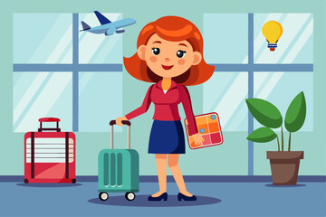 girl with luggage in the airport, vector illustration concept