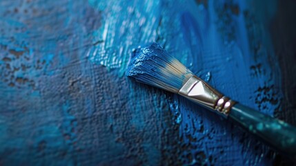 Close up of a paint brush painting in blue against a dark background with room for text