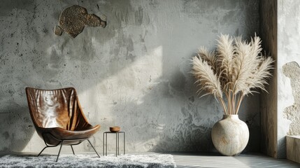 Poster - Minimalist interior with leather chair pampas grass vase and concrete wall