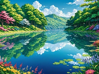 a serene landscape with a clear blue lake reflecting the sky, surrounded by lush green trees and colorful flowers, manga style 