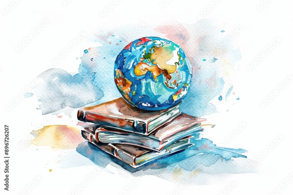 Colorful watercolor illustration of a globe resting on a stack of books ...