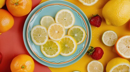 Wall Mural - Top view of lemon slices and whole fruits on a colorful plate for healthy food preparation