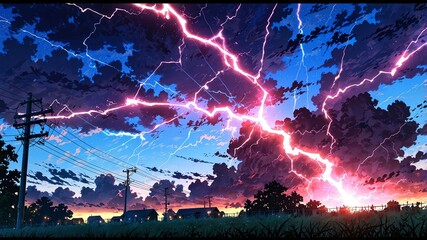 Wall Mural - pink lightning strike in night sky background design cartoon anime illustration