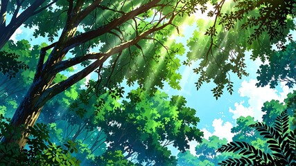 Wall Mural - rainforest canopy with sunlight background design cartoon anime illustration