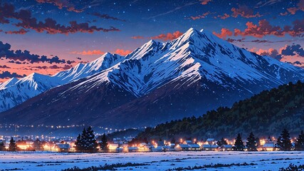 Poster - snow capped mountains night winter background design cartoon anime illustration