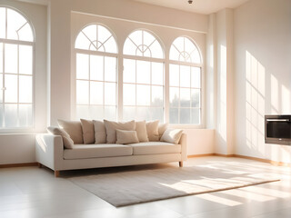 Wall Mural - living room at home with morning sunlight at big window for background usage. interior background concept. white, britht tone.