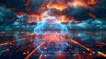 Digital informational technology web futuristic hologram with cloud icon, blue golden light digits and code background, cloud computing. Abstract Motion of digital data flow