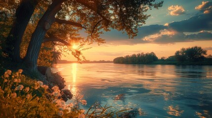 Sticker - Sunset Landscape with River and Tree