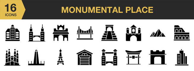 Monumental Place Glyph icon set. Includes alhambra, chichen itza, garage, gate, japan gate, golden gate bridge, and More. Solid icons vector collection.