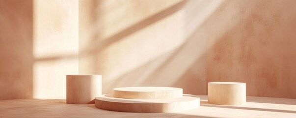 Aufkleber - Minimalistic geometric podiums in a sunlit room, modern abstract interior design concept