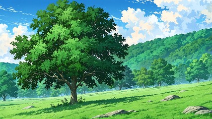 hills with scattered trees green sky background design cartoon anime illustration