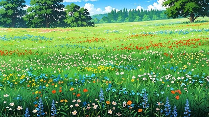 Canvas Print - meadow with colorful wildflowers background design cartoon anime illustration