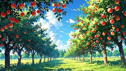 Canvas Print - orchard with ripe apples background design cartoon anime illustration